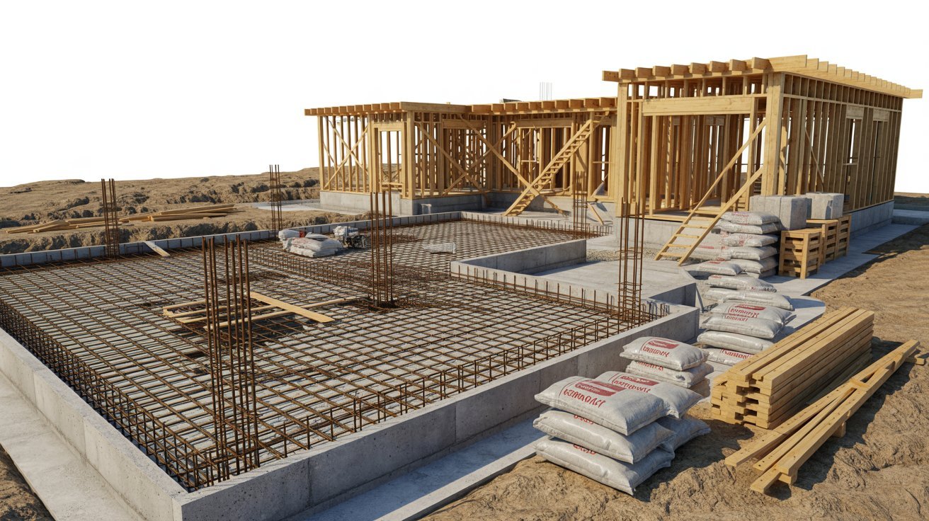  A 3D rendering of a house under construction, showcasing scaffolding and building materials around the partially completed structure.