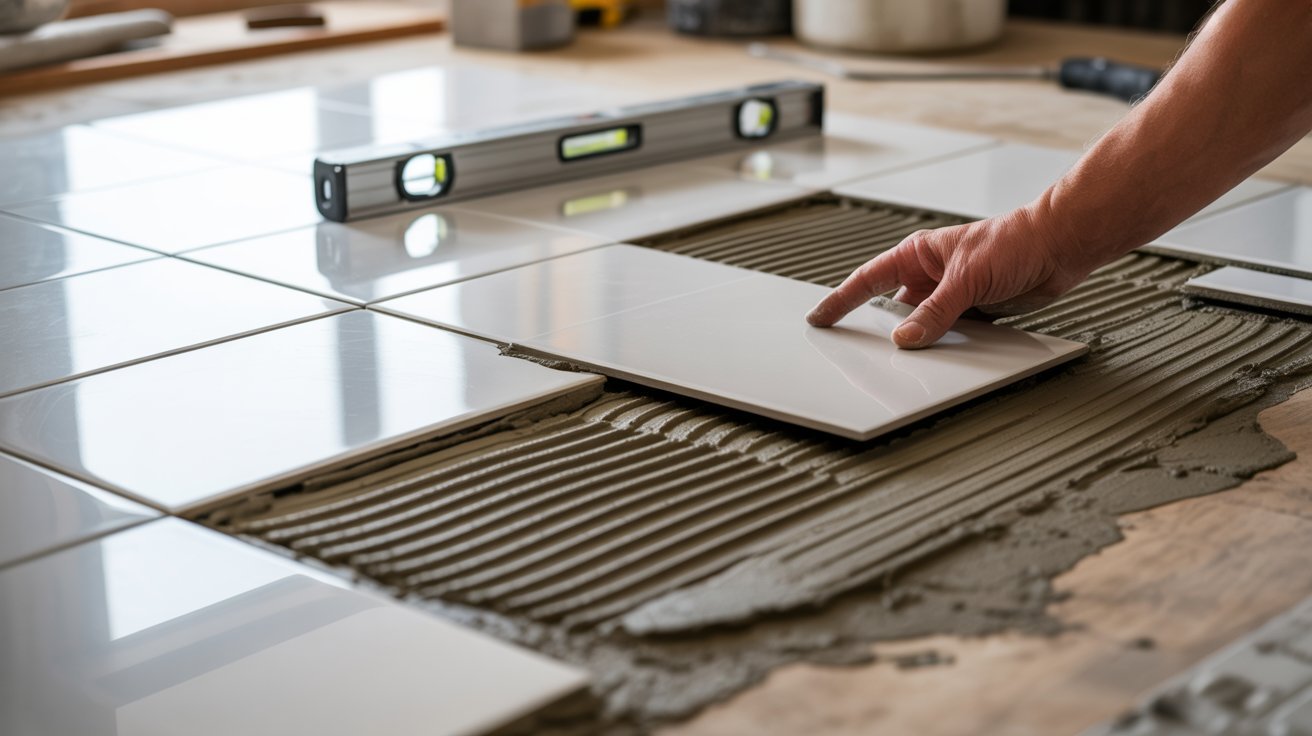 A person laying tiles on a floor, focused on aligning the pieces for a smooth and even surface.
