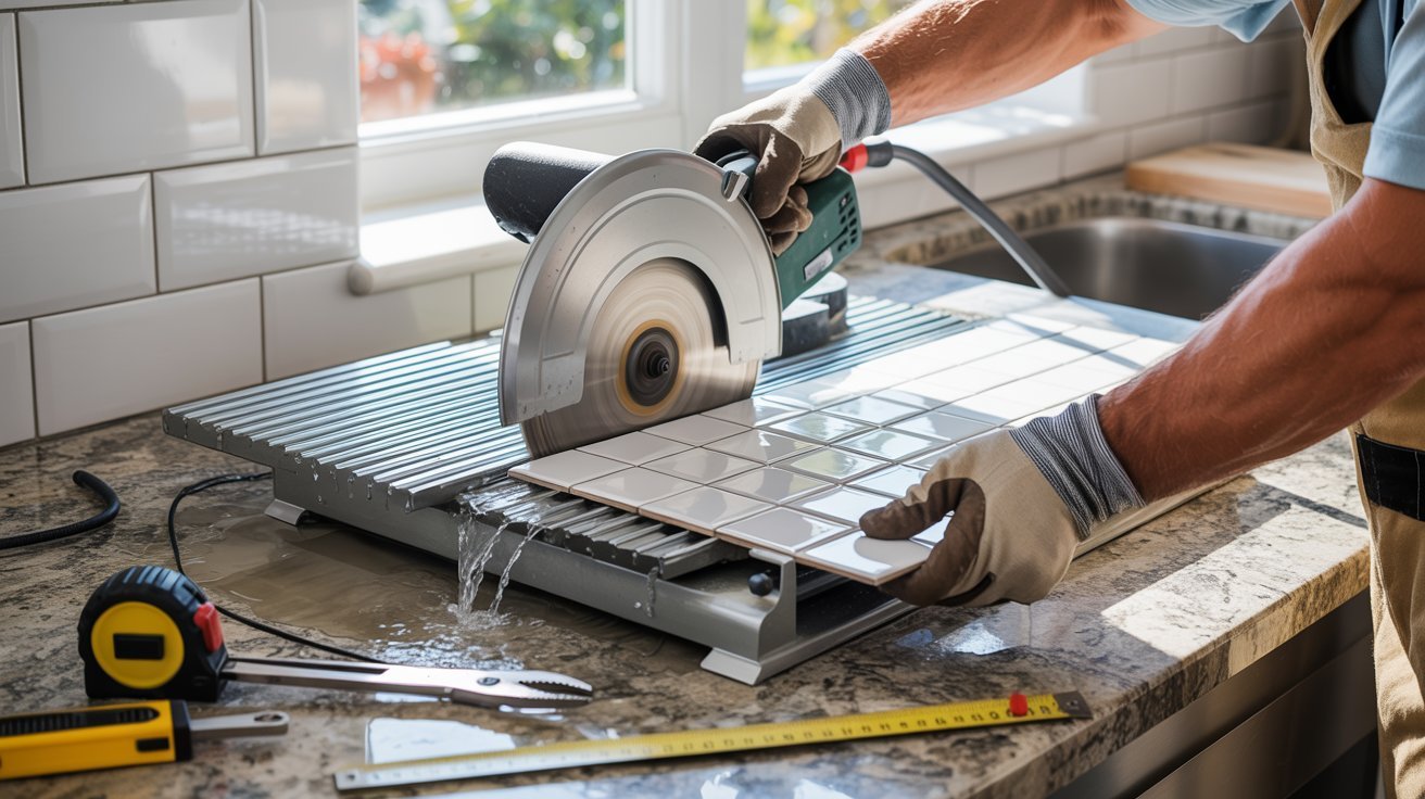 A man is cutting a tile with a circular saw, focused on his task in a well-lit workshop environment.