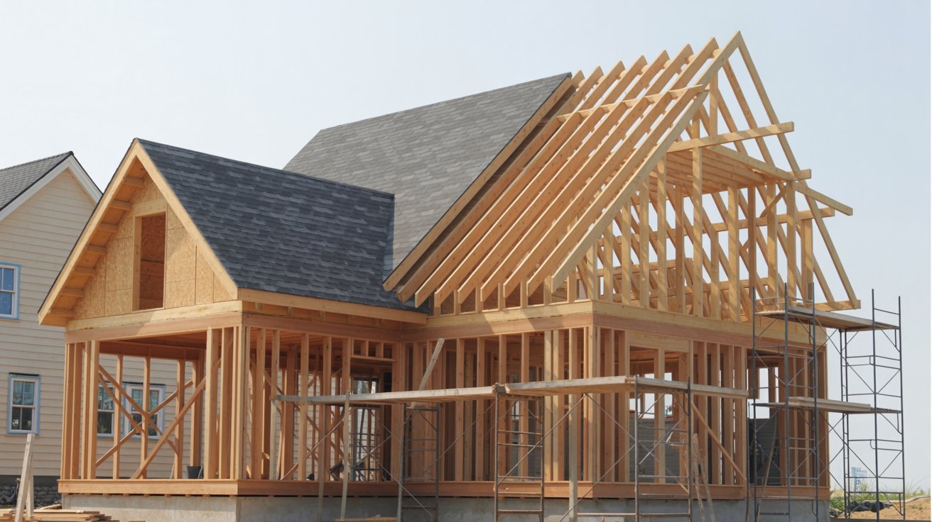 A house under construction featuring exposed wooden framing and scaffolding in a residential area.
