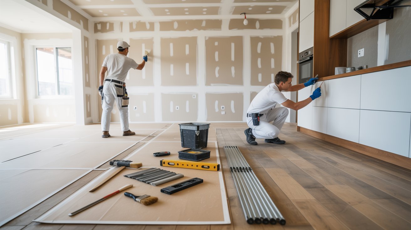 Two men installing cabinets and countertops in a modern kitchen of a newly built home.