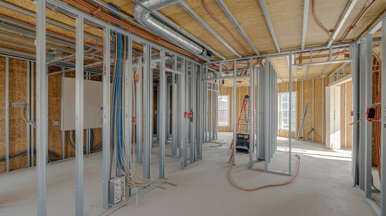  A room featuring exposed metal framing and visible electrical wires throughout the space.