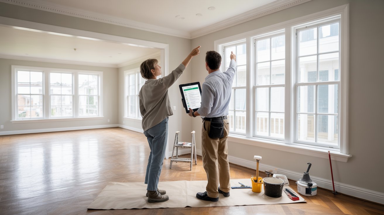 Two individuals are positioned in front of a large window in a vacant room, highlighting the spaciousness.
