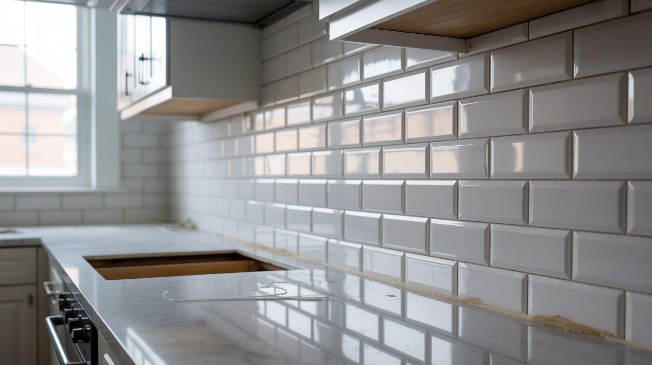 A kitchen counter featuring white subway tile, creating a clean and modern aesthetic.