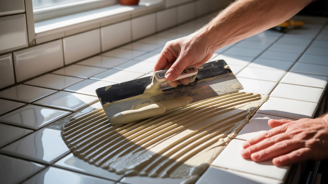 A person using a tile scraper to remove debris from a tiled surface, demonstrating effective cleaning techniques.