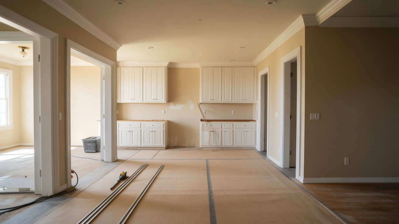  A spacious room featuring a large open door and several cabinets lining the walls.