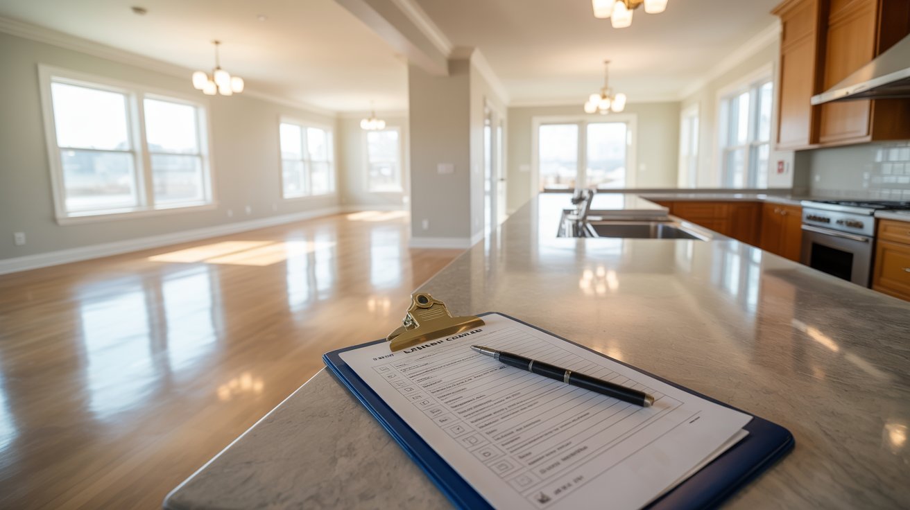 A clipboard and pen are placed on a counter in a newly decorated home, symbolizing organization and new beginnings.
