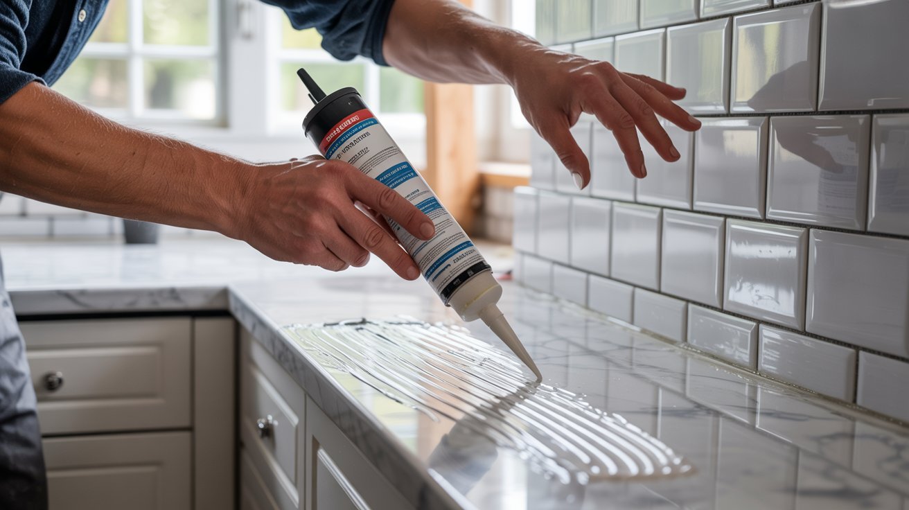 A man uses a glue gun to attach tiles to a countertop in a home improvement project.
