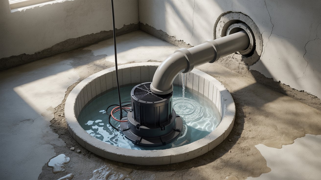  A water pump is positioned in a room featuring a hole in the floor, highlighting potential safety concerns.