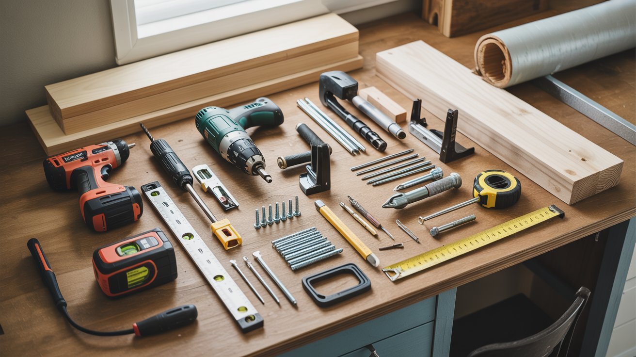 A workbench displaying various tools alongside two rulers, emphasizing a workspace for measurement and construction tasks.