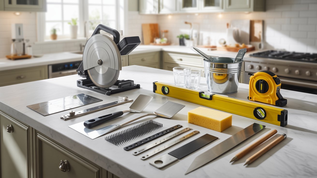  A kitchen counter displaying various cooking tools, utensils, and ingredients arranged neatly.
