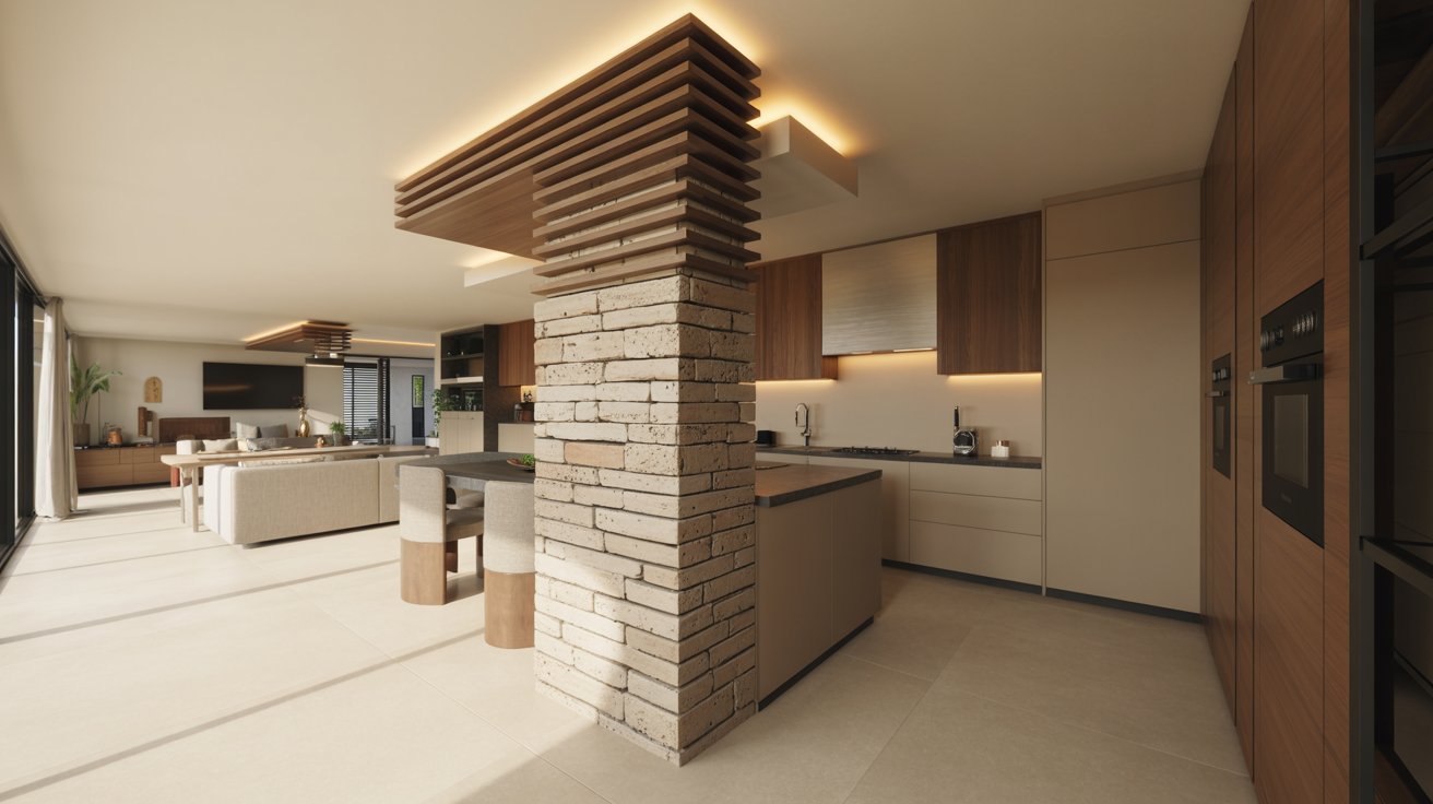 A modern kitchen and living room featuring a stylish stone wall, showcasing contemporary design and open space.