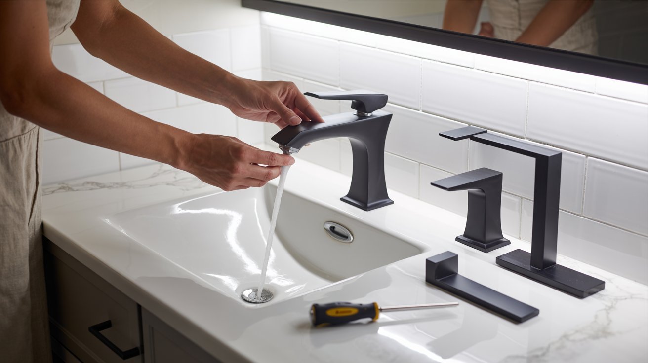  A person is repairing a sink faucet, using tools to adjust the fittings and ensure proper functionality.