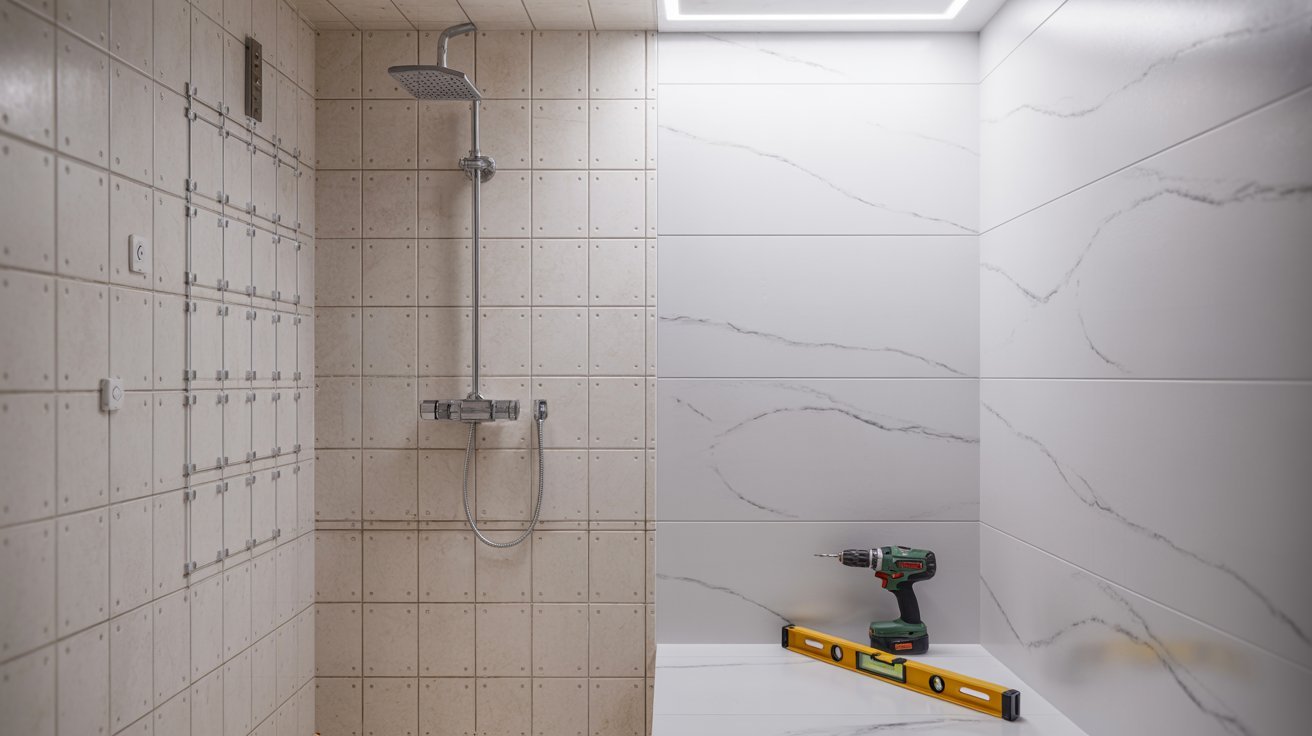 A bathroom featuring a shower and a sink, with modern fixtures and neutral-colored tiles.