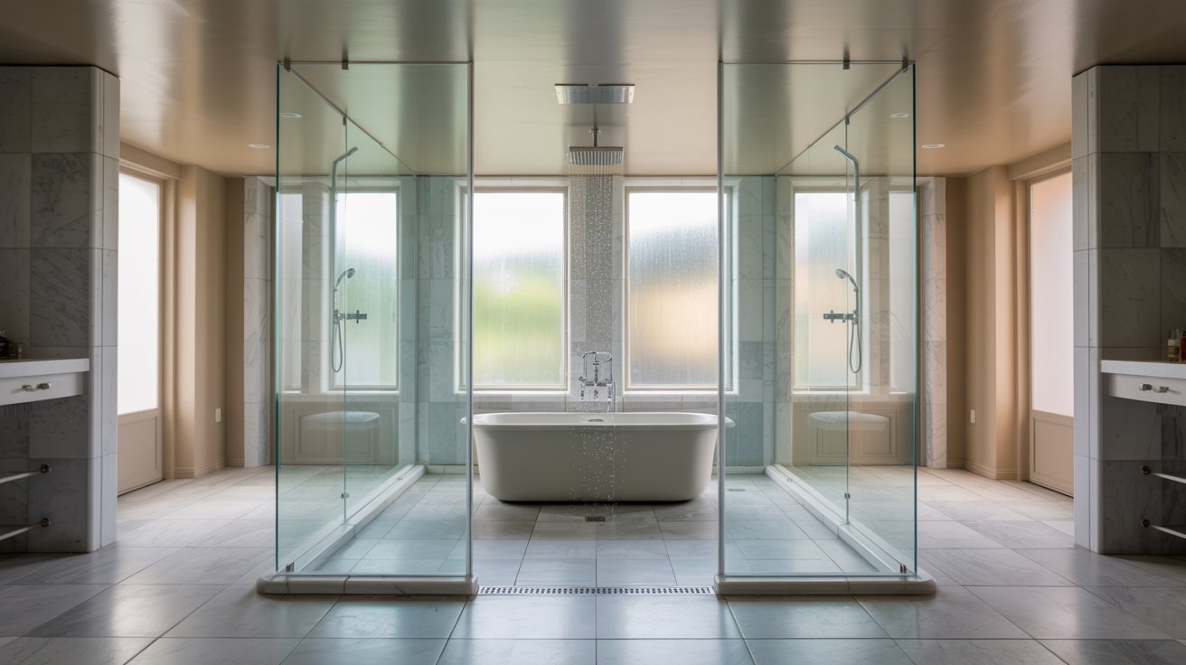 An expansive bathroom with a stylish glass shower door, highlighting a clean and modern aesthetic.