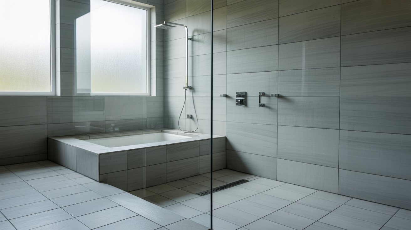 A modern bathroom featuring a glass shower door alongside a stylish bathtub.