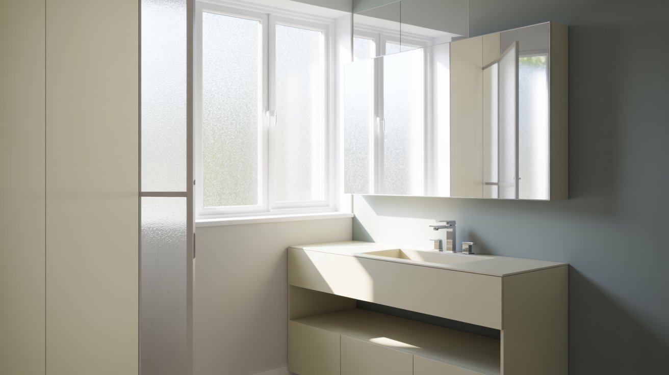  A well-lit bathroom with a sink, a wall-mounted mirror, and a window providing outside views.
