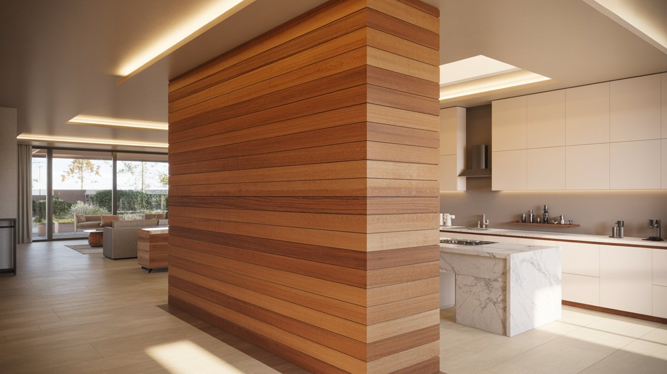 A cozy kitchen and living room featuring warm wooden walls, creating a rustic and inviting atmosphere.