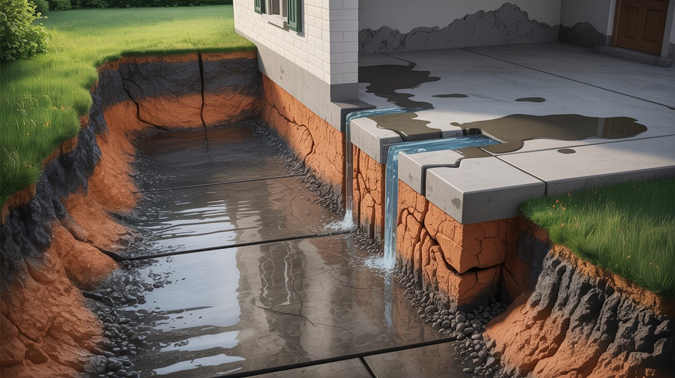 A residential house featuring a water pipe emerging from the ground nearby.