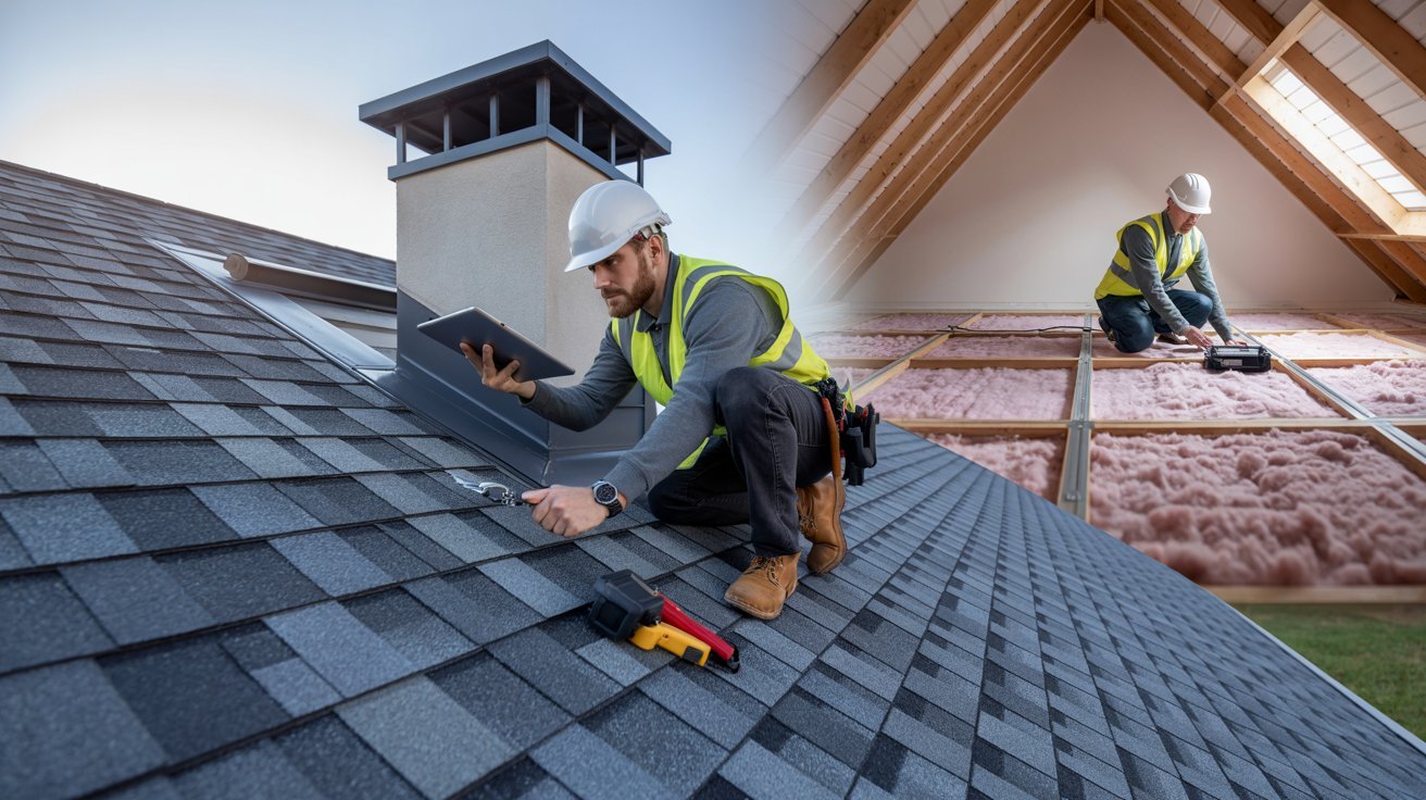  Roofing services in Maryland, showcasing a professional team working on a residential roof installation.
