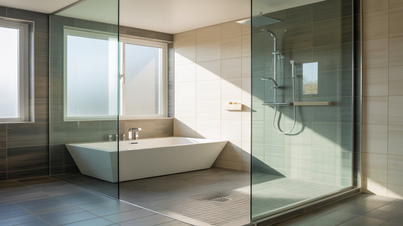  A sleek modern bathroom featuring a glass shower door and contemporary fixtures.
