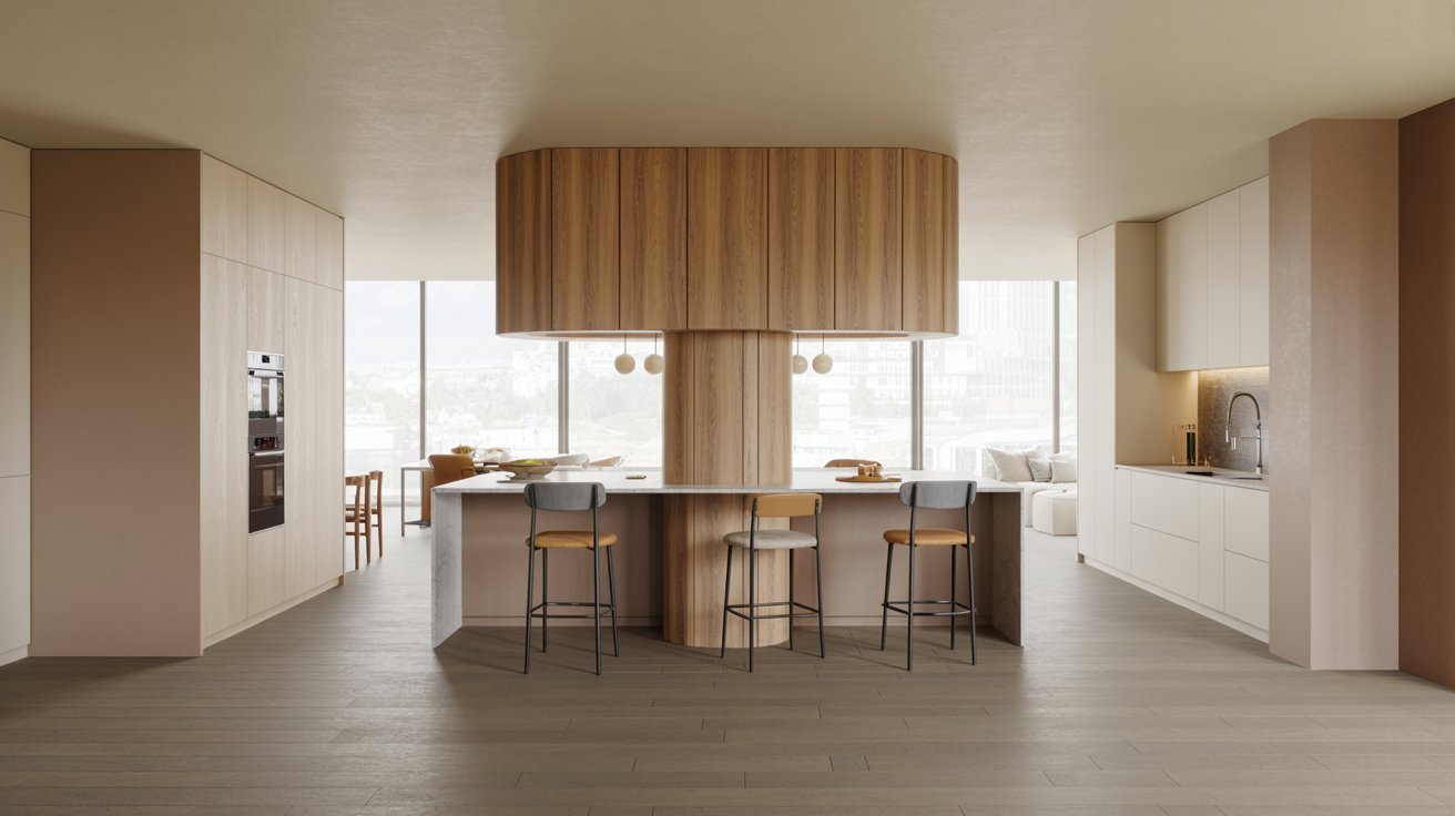  A modern kitchen featuring wooden floors and a spacious island, designed for functionality and style.