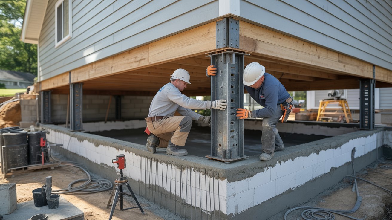 Two men collaborating on constructing a house foundation, using tools and materials at a construction site.