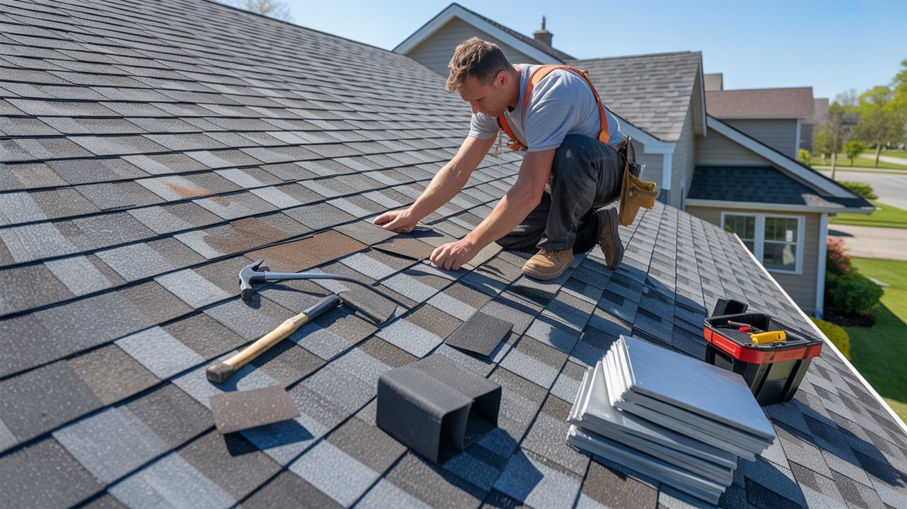 A man using tools to work on a roof, focused on his task while balancing on the sloped surface.