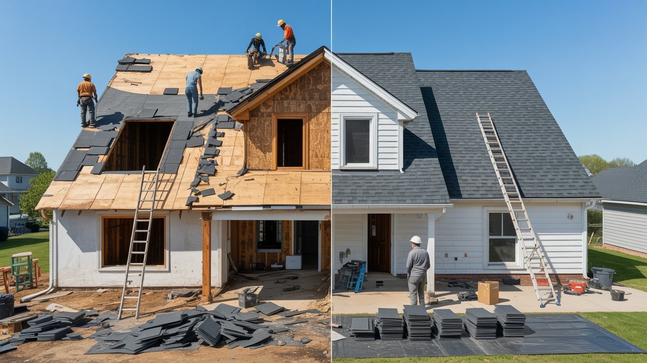 Two images showing a house undergoing renovation, highlighting construction progress and changes to the exterior.