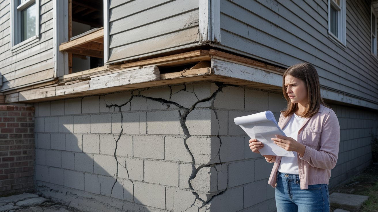 A woman stands in front of a house, holding a piece of paper and looking towards the camera.