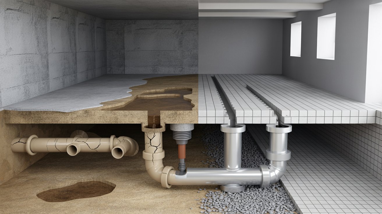 An interior view of a room featuring numerous pipes, illustrating a mechanical and industrial environment.