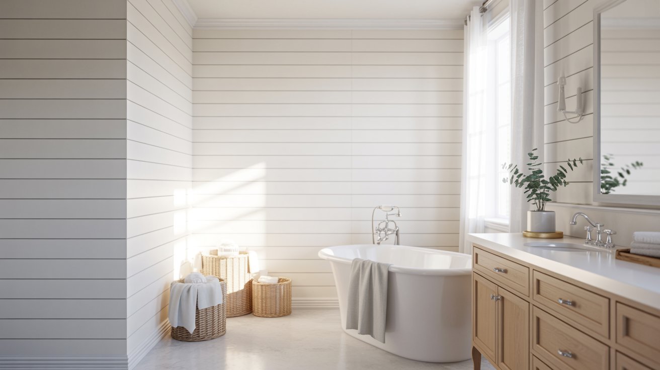 A bright white bathroom featuring a bathtub and a sink, showcasing a clean and modern design.