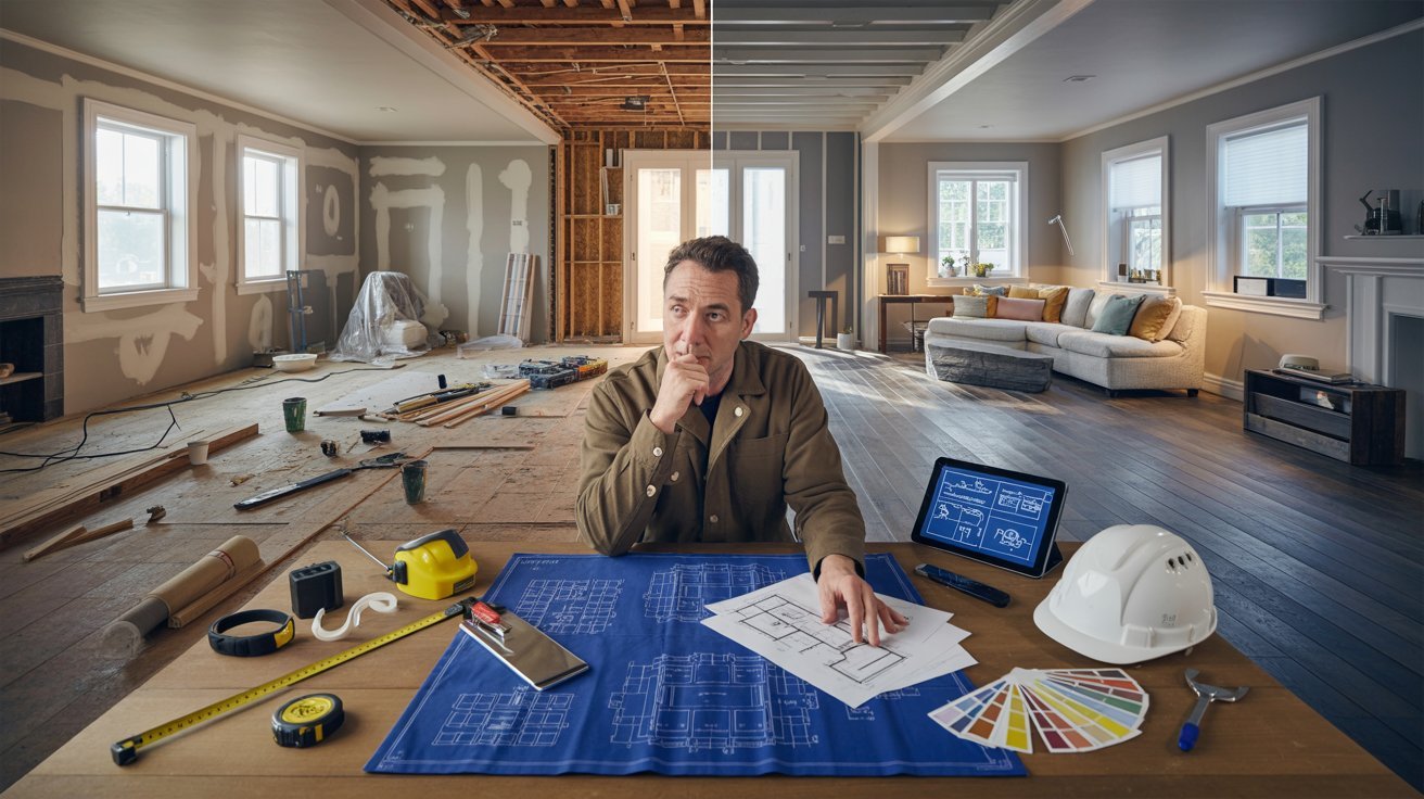 A man seated at a table surrounded by various construction materials, focused on his work.
