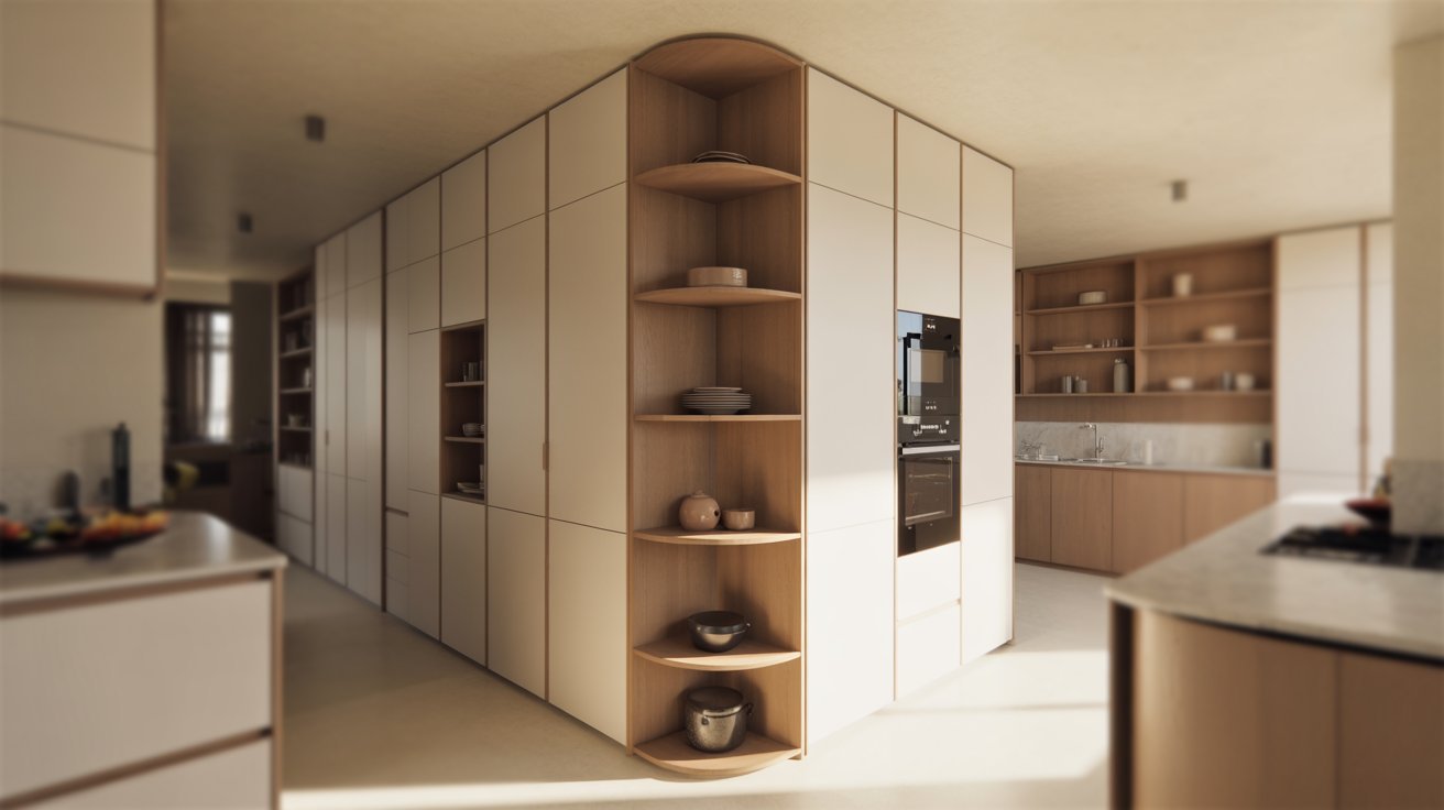 A kitchen scene displaying a large wooden shelf and a sink, emphasizing a warm and practical culinary environment.
