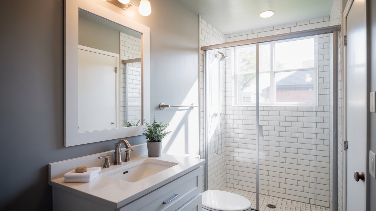 A bathroom featuring a shower, sink, and toilet, designed for functional and efficient use.