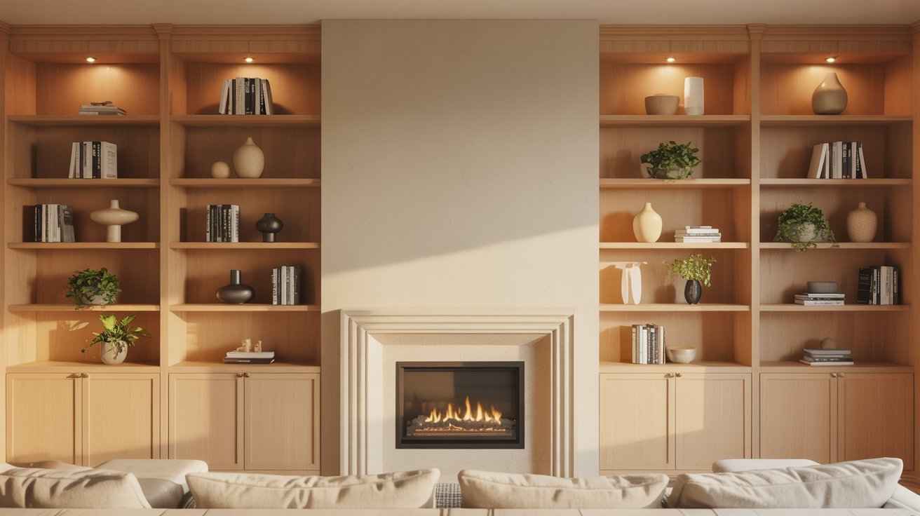 A cozy living room featuring a fireplace and filled bookshelves, creating a warm and inviting atmosphere.