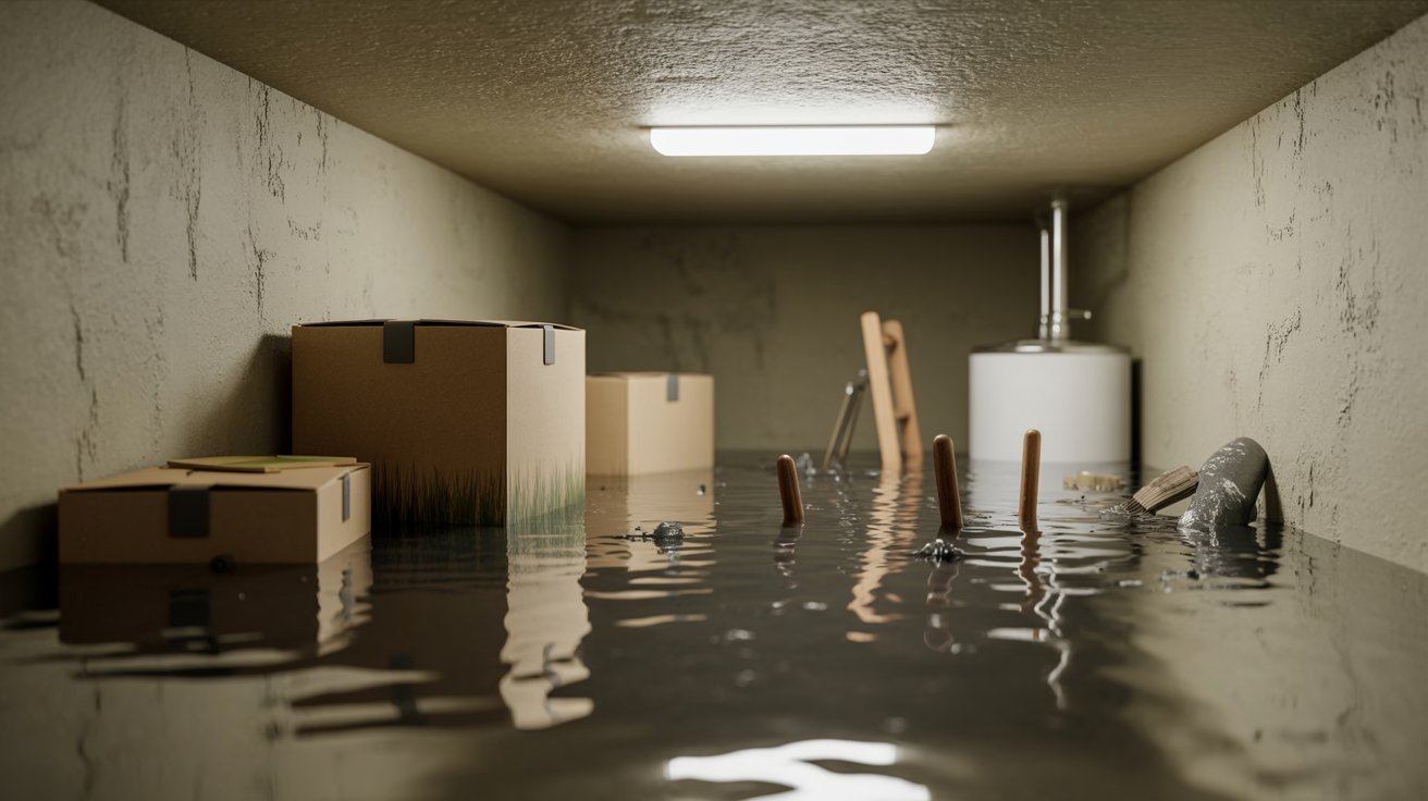 A flooded basement filled with water, boxes, and various items scattered throughout the space.
