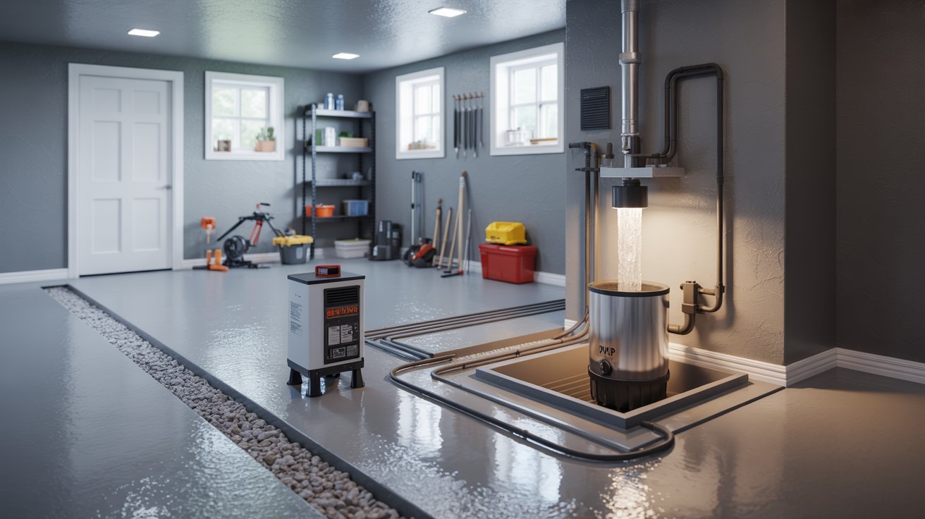A garage interior featuring a water heater and various equipment arranged neatly along the walls.
