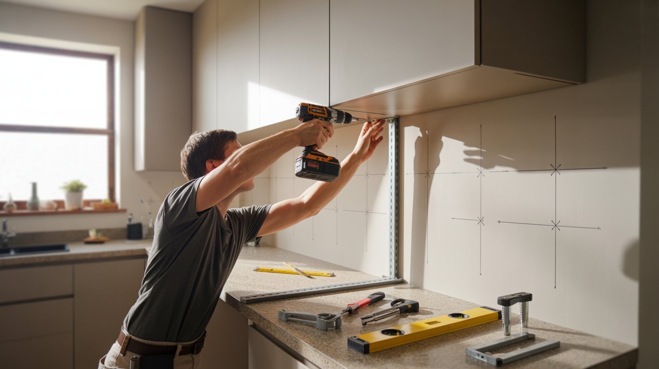 A man is carefully installing a kitchen cabinet, using tools to secure it in place.