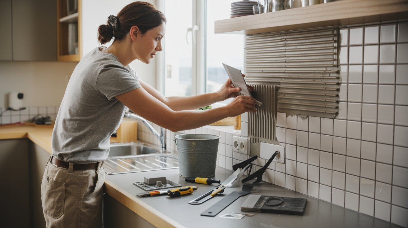 A woman is focused on preparing food at a kitchen counter, surrounded by various cooking utensils and ingredients.