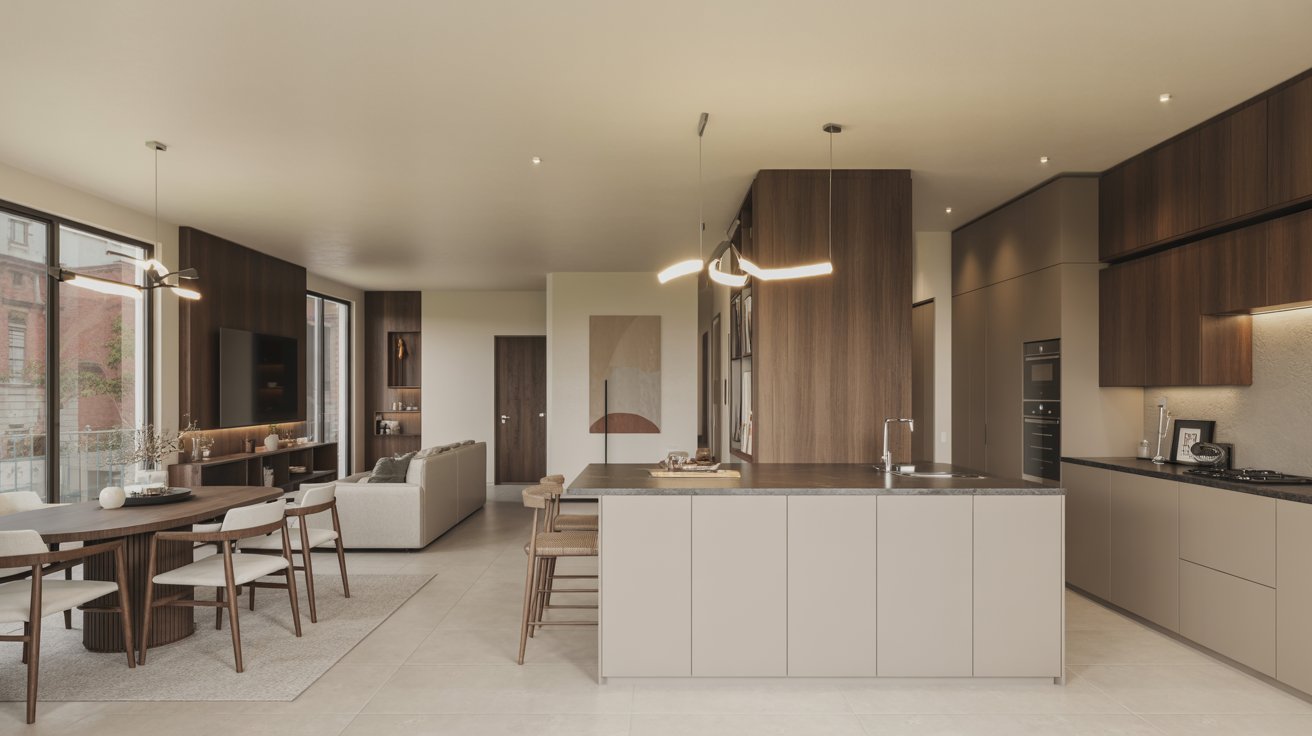 An expansive open-plan living area with a modern kitchen and dining space, highlighting elegant furnishings and a bright atmosphere.