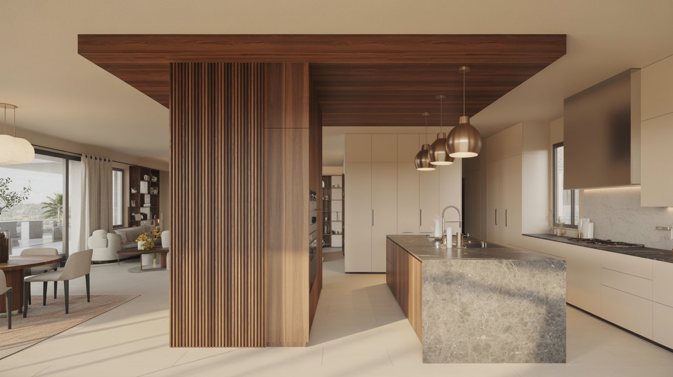 A modern kitchen featuring wooden accents and a spacious island, showcasing a blend of style and functionality.