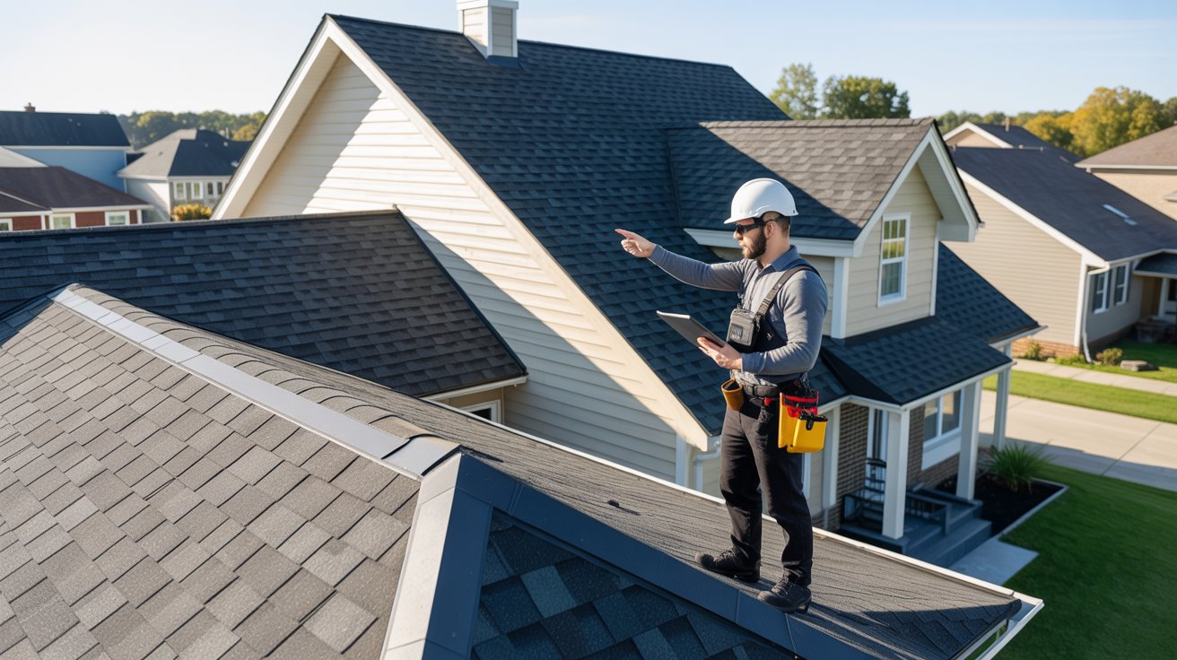 A man on a rooftop gestures towards something, indicating his focus on an unseen object.