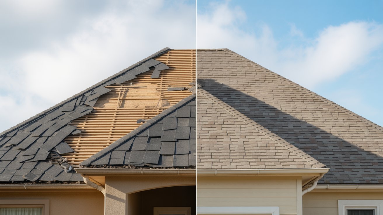 A house with a visibly damaged roof, showing signs of wear and potential structural issues.