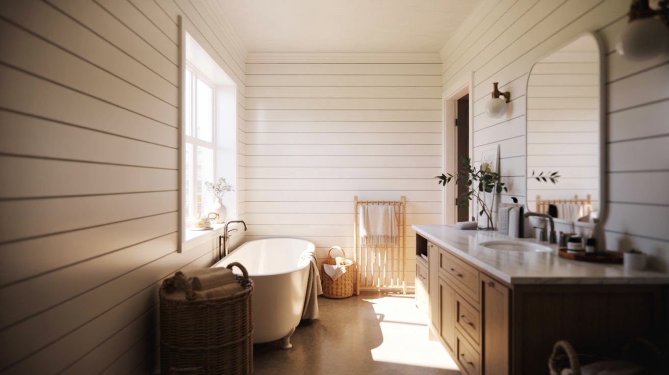 A bathroom featuring a bathtub and a sink, showcasing a clean and modern design.