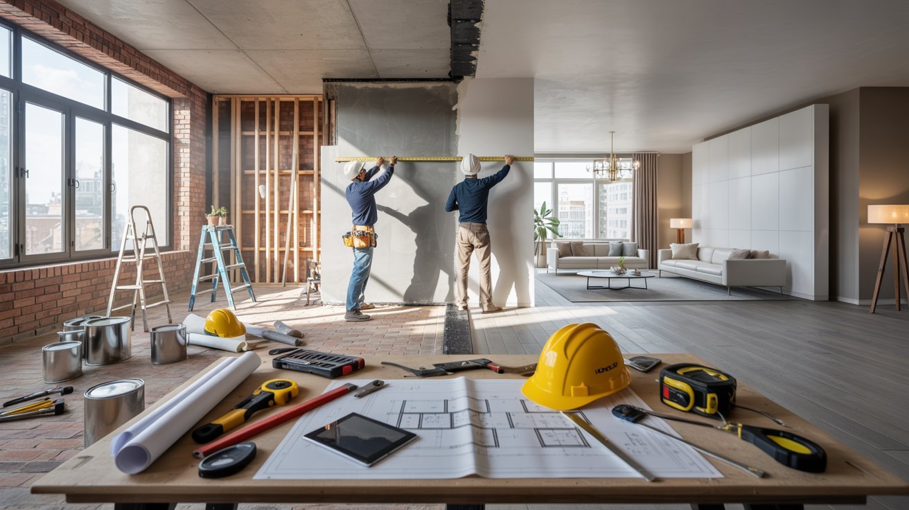 Two men collaborating on a construction project in a spacious, open room filled with tools and materials.