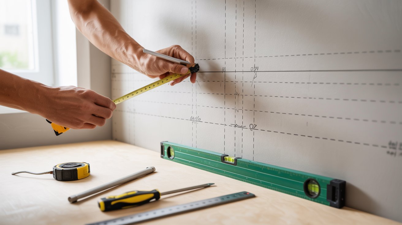  A man measures a wall's length using a ruler, focusing intently on the measurement.