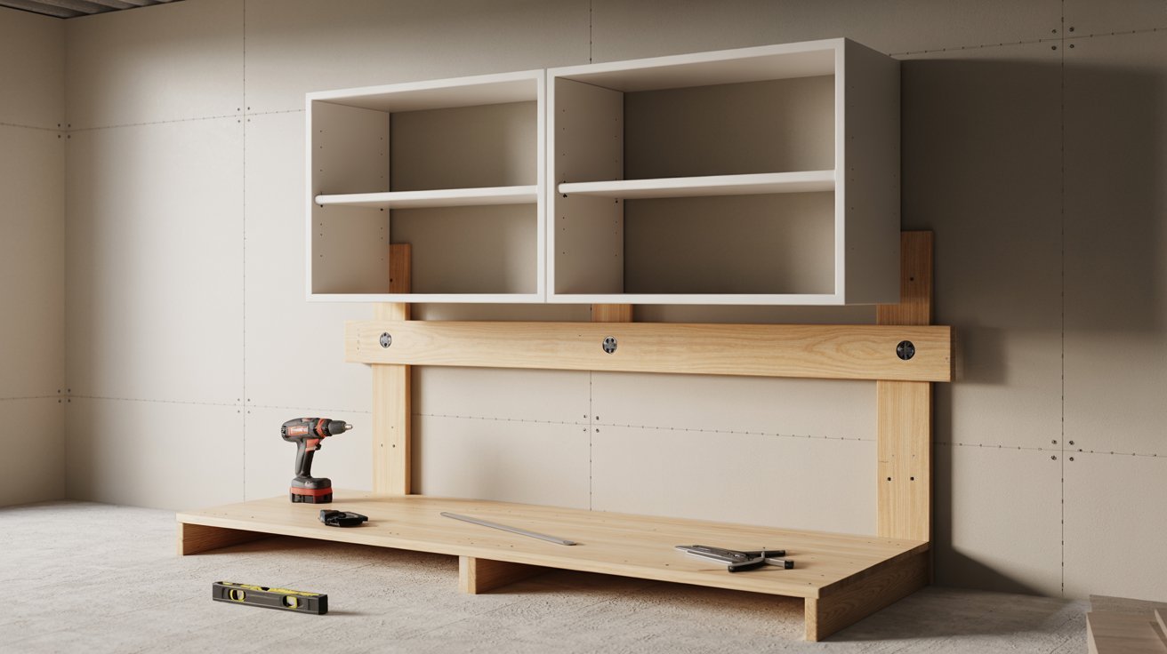 A wooden shelf displaying a toolbox and a hammer, emphasizing a workspace for DIY projects or repairs.