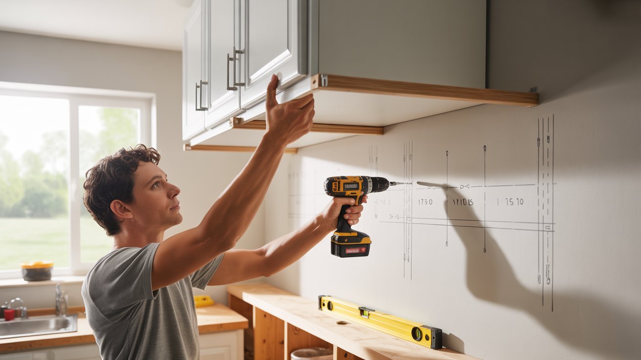  A man drills into a wall to install a kitchen cabinet, focused on aligning it properly.