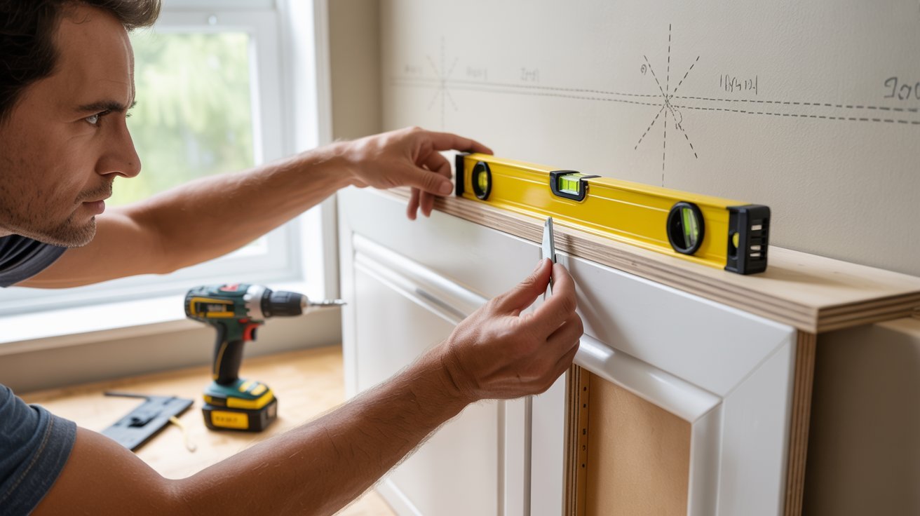 A man uses a level to ensure the cabinet is perfectly straight during installation.

